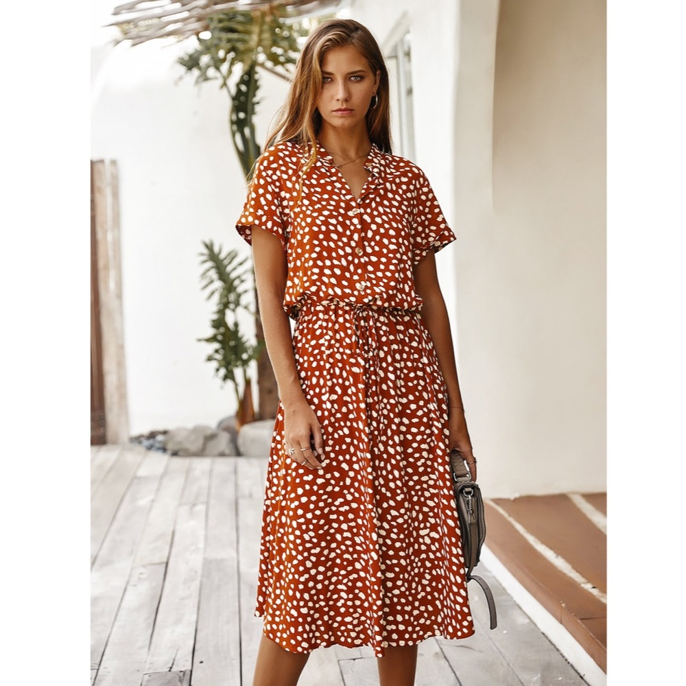 Spotted Print Drawstring Waist Shirt Dress Midi - Picture 6 of 11